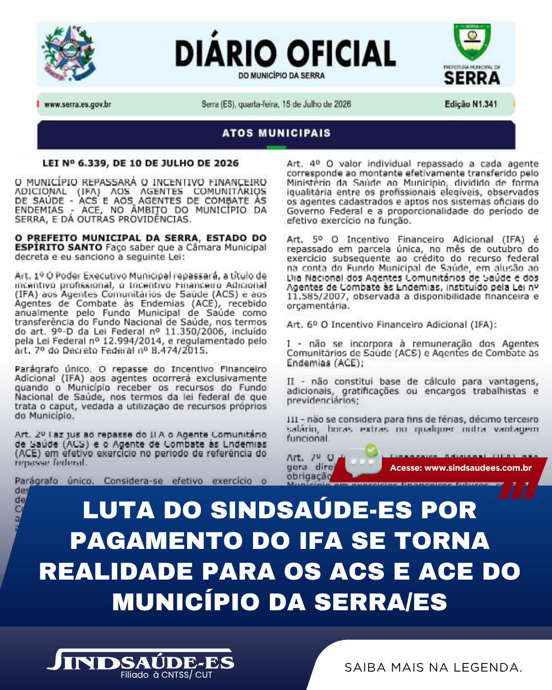 ✊🏽 Luta do Sindsaúde-es por pagamento do IFA se torna realidade para os ACS e ACE do município da Serra/ES
